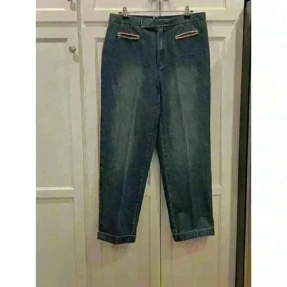 Liz Claiborne Jeans women’s 14 denim pinstriped Sides Straight Leg Back Pleats - Picture 2 of 6